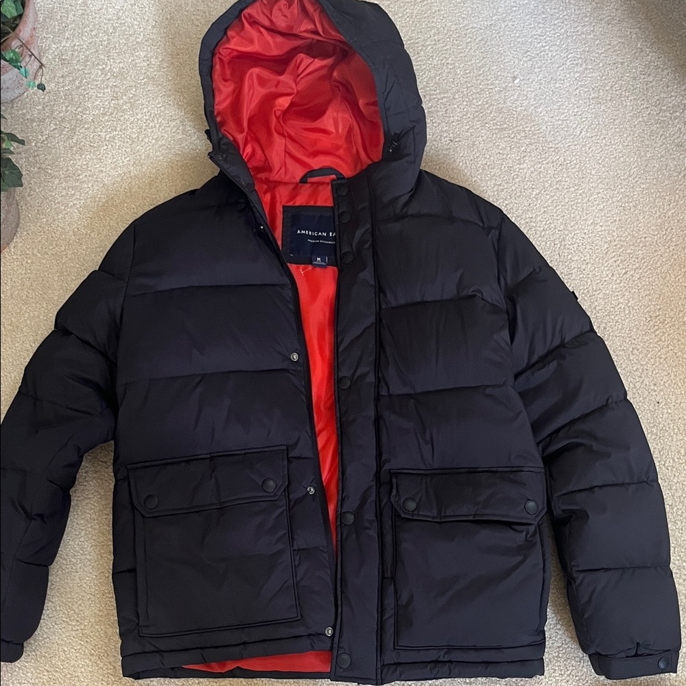 American Eagle Outfitters Black Puffer Jacket with Red Lining